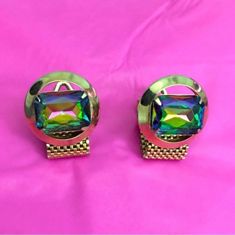 Vintage Gold Mesh Wrap Cufflinks Watermelon Rhinestone
